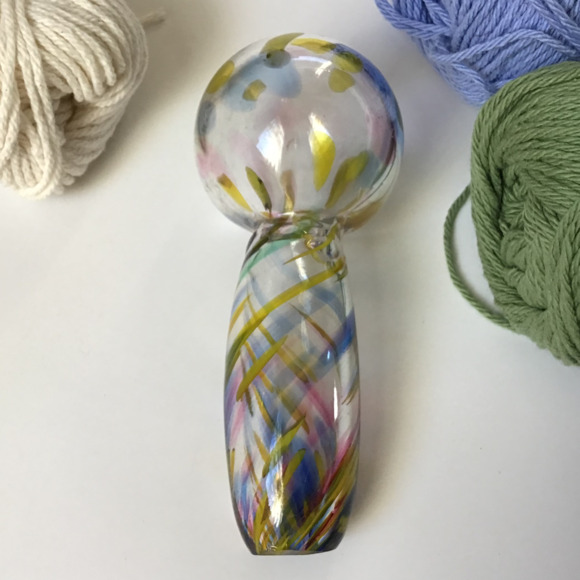 Vintage Hand Blown Glass Sock Darner End of Day Spatter Blue Yellow Pink Art - Picture 4 of 12